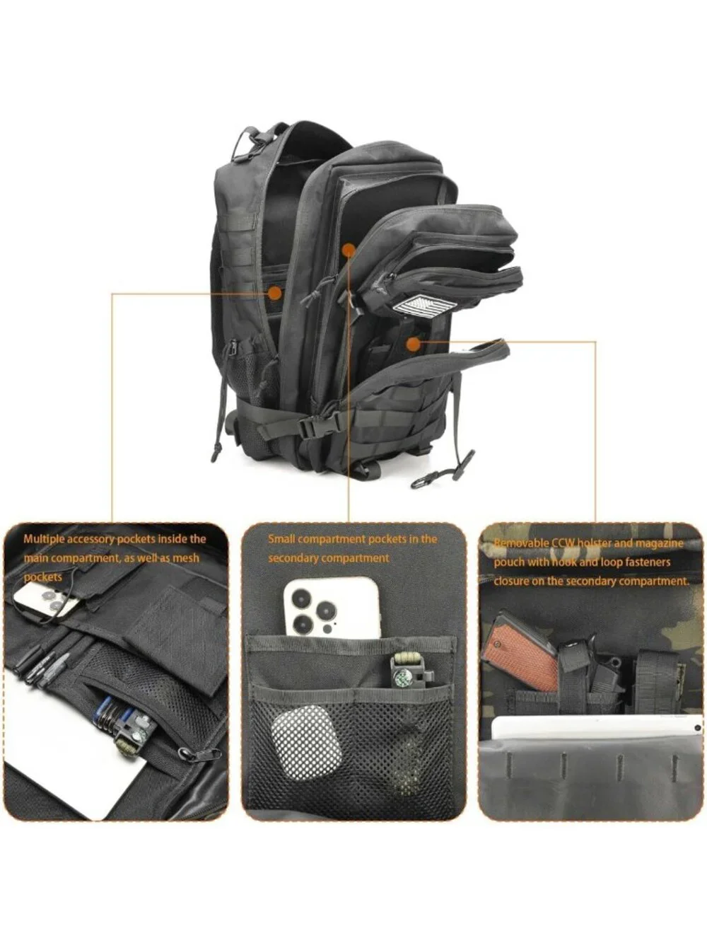 45L Tactical Military Backpack with Gun Holster, Molle Daypack for Hiking